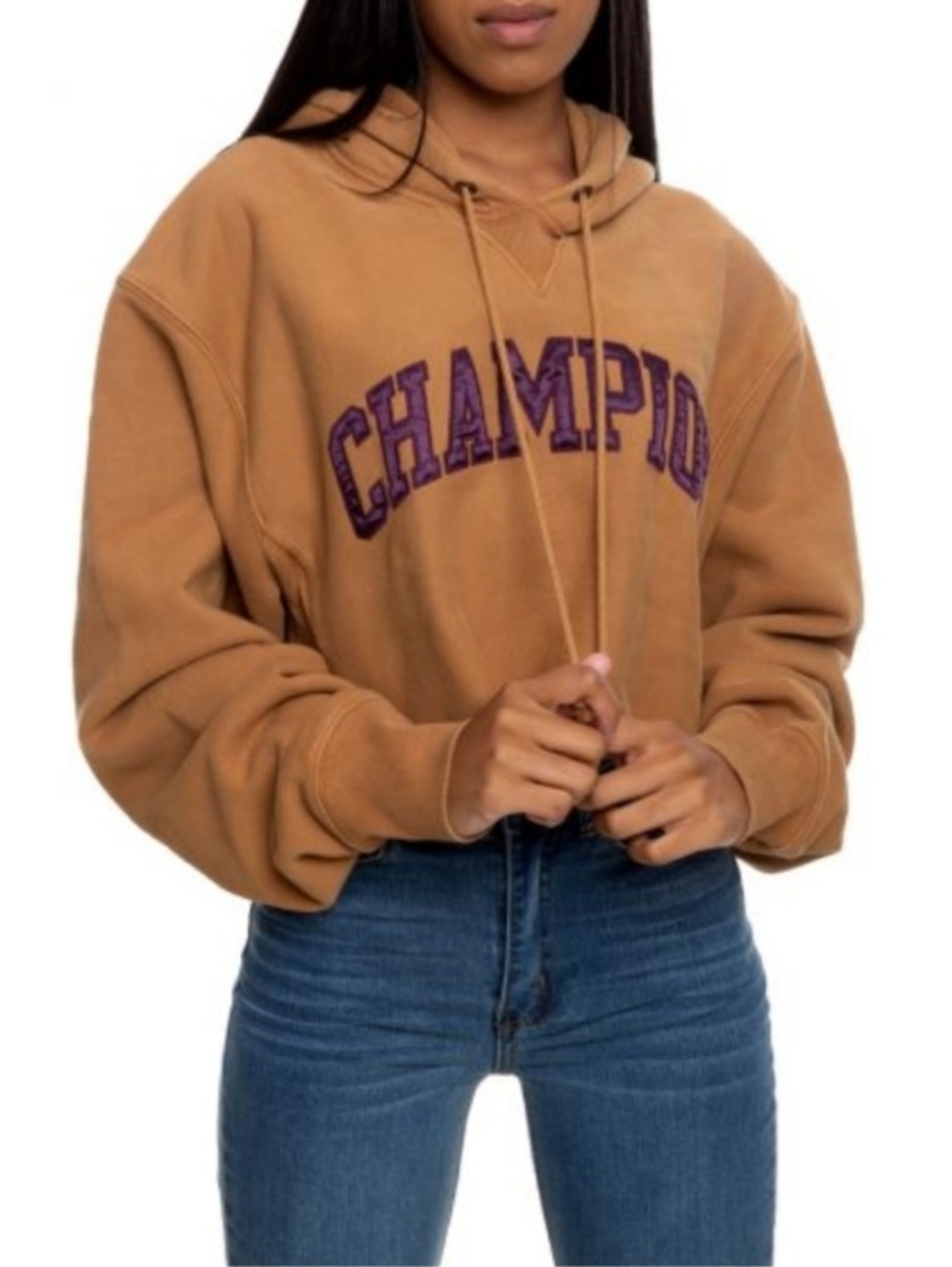 Champion Reverse Weave Cropped Hoodie Sweatshirt Camel Tan Brown Purple Text M